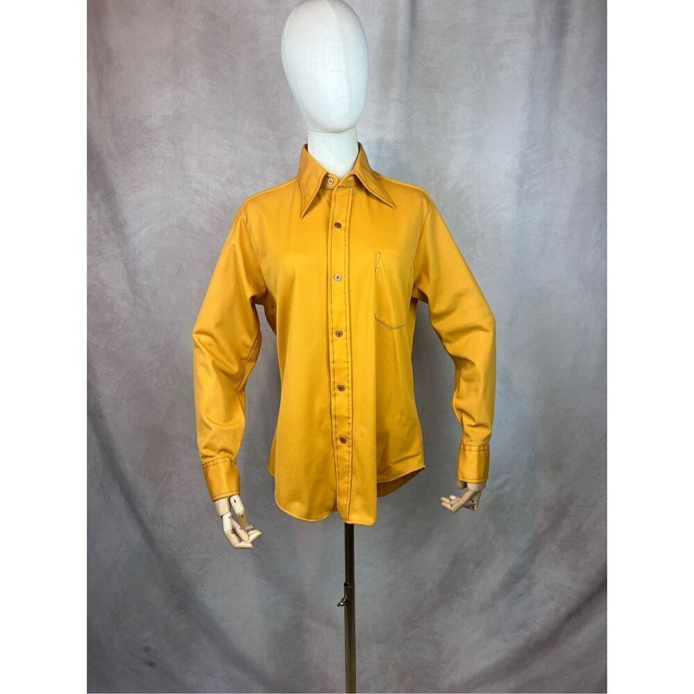 Vintage 1970s Plus Size Golden Yellow Blouse Dagger Collar Top Mod MCM Disco L